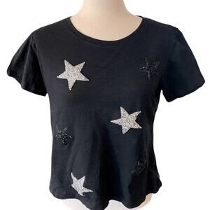 SOLUTION black‎ t shirt with glittering stars. Size small.